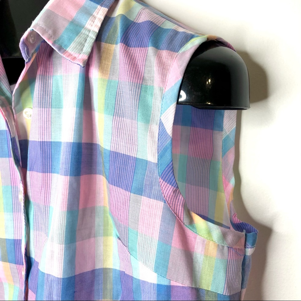 VINTAGE 70s Pastel Retro Blouse Buttoned Tank Top Shirt Checkered Plaid Large - Picture 7 of 9